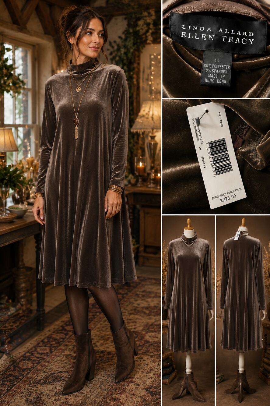 Linda Allard Ellen Tracy Velvet Dress 14 NWT Vintage 90s Mushroom